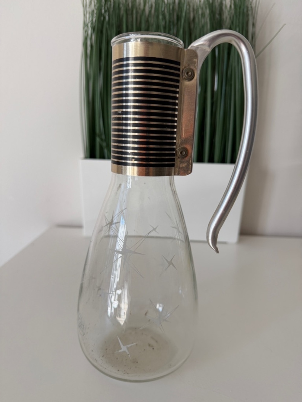 Vintage Glass Pitcher Carafe Atomic Starburst Metal Handle Mid Century